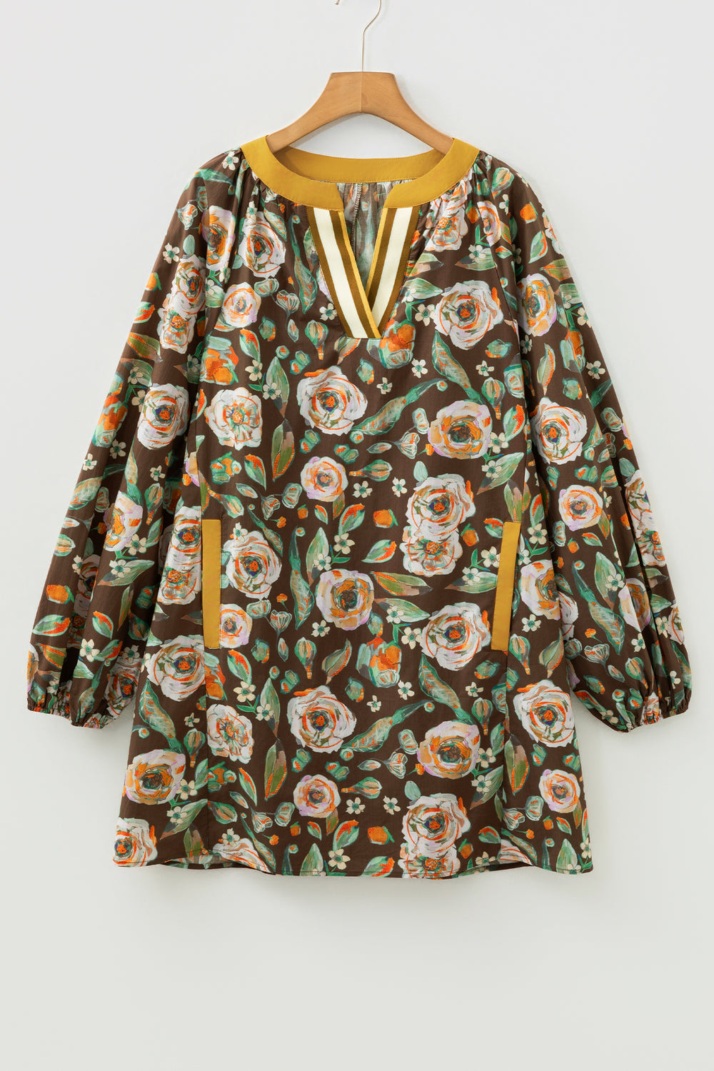 Brown Floral Print Contrast Trim V Neck Pocketed Long Sleeve Mini Dress