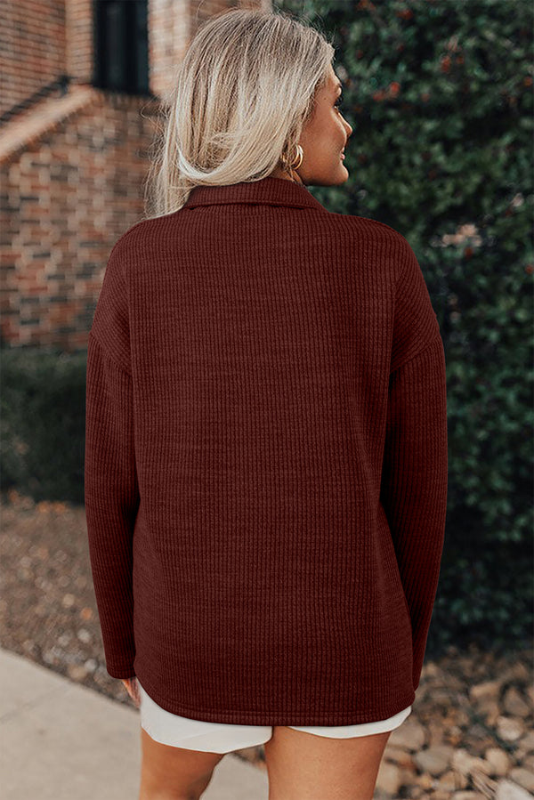 Red Sandalwood Ribbed Knit Buttons Front Flap Pocket Casual Shacket