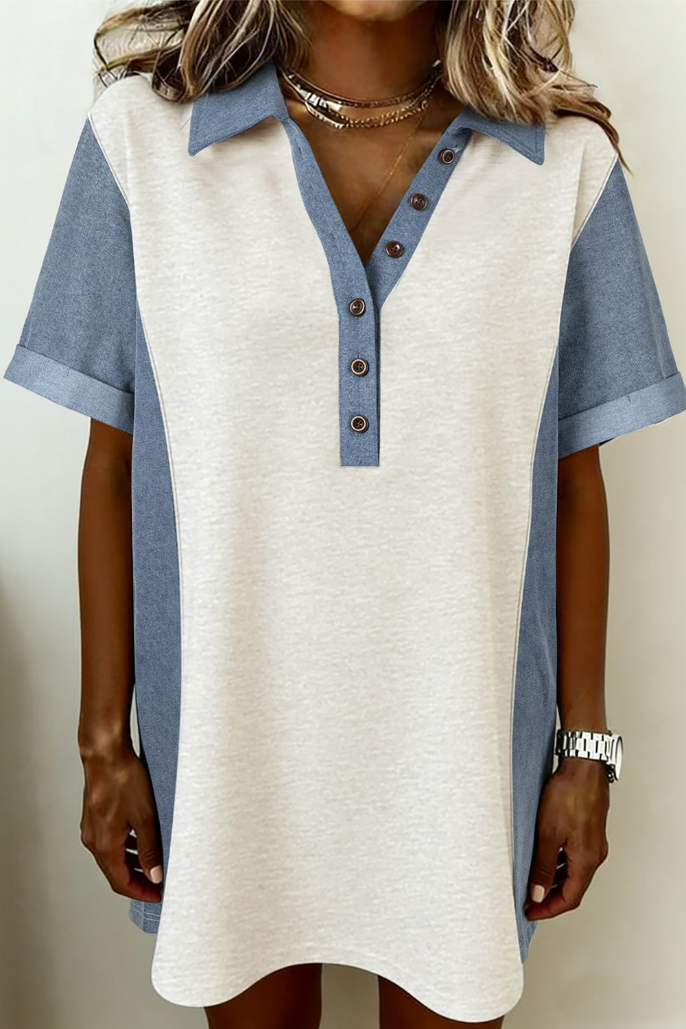 Light Grey Denim Color Block Patchwork Button Polo Collar T Shirt Tee Dress
