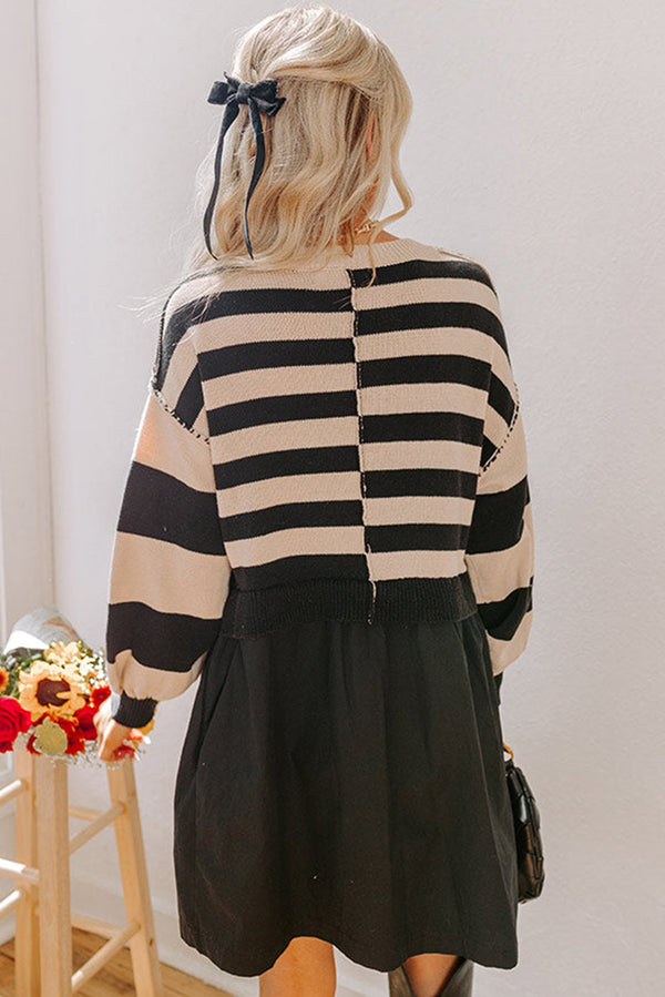 Black Stripe Two in One Knitted Top High Waist Splicing Hem Sweater