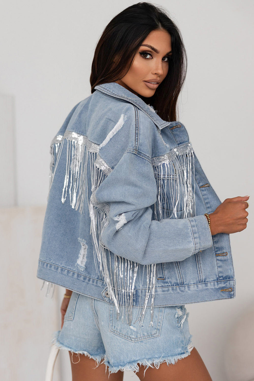 Sky Blue Sequin Embellished Fringe Distressed Denim Jacket - Denim ...