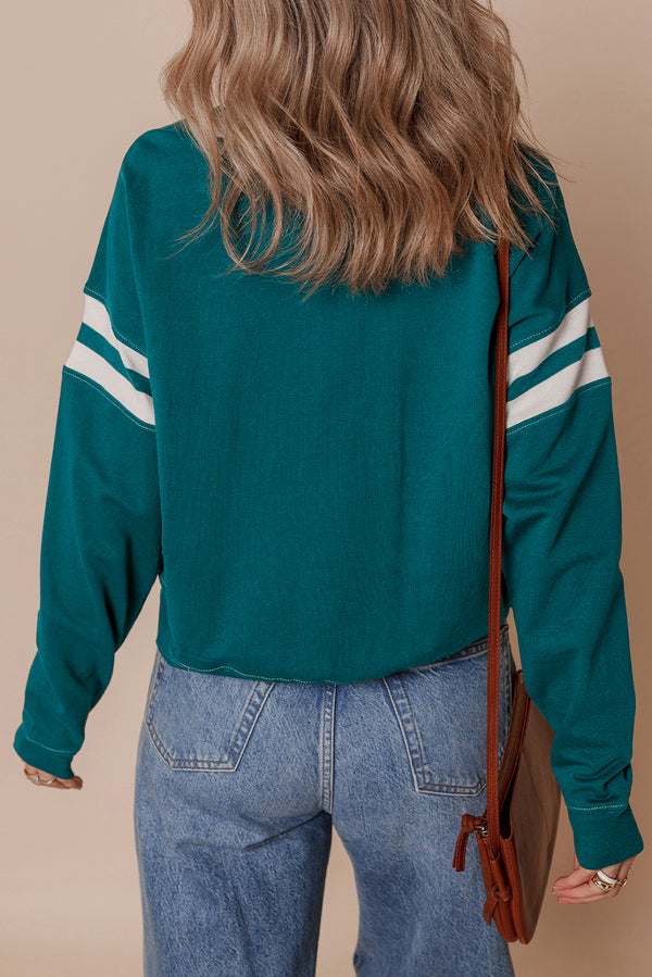 Blackish Green Contrast Striped Patchwork Round Neck Drop Shoulder ...
