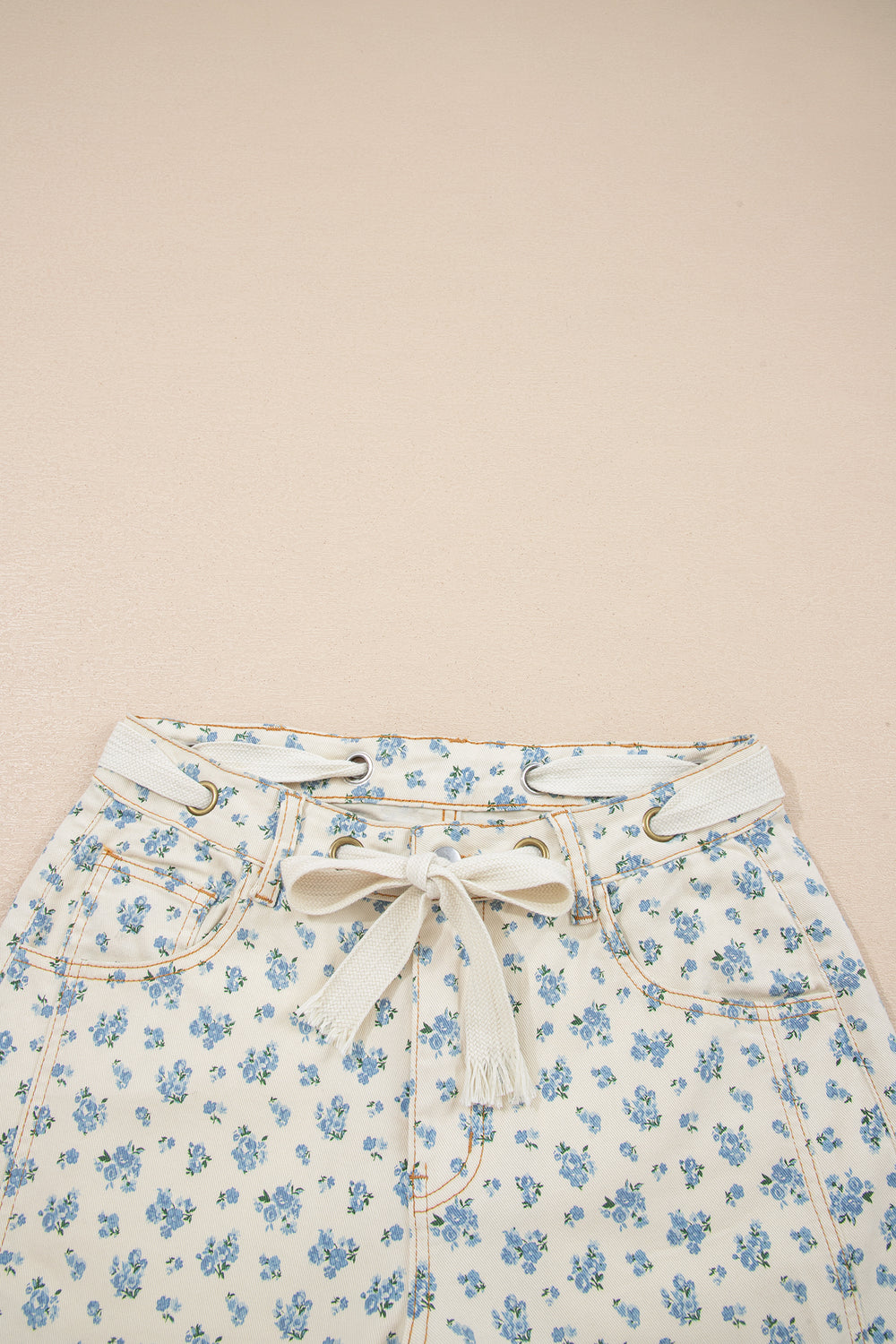 Beige Grommet Knot Waist Floral Barrel Leg Jeans
