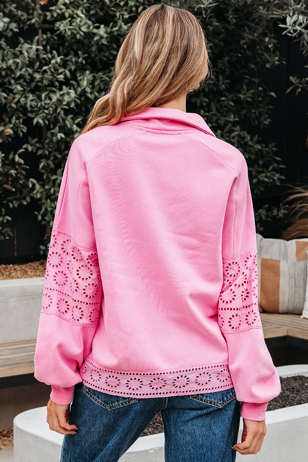 Yellow Cream Embroidered Flower Patchwork Snap Buttons Pullover Sweatshirt