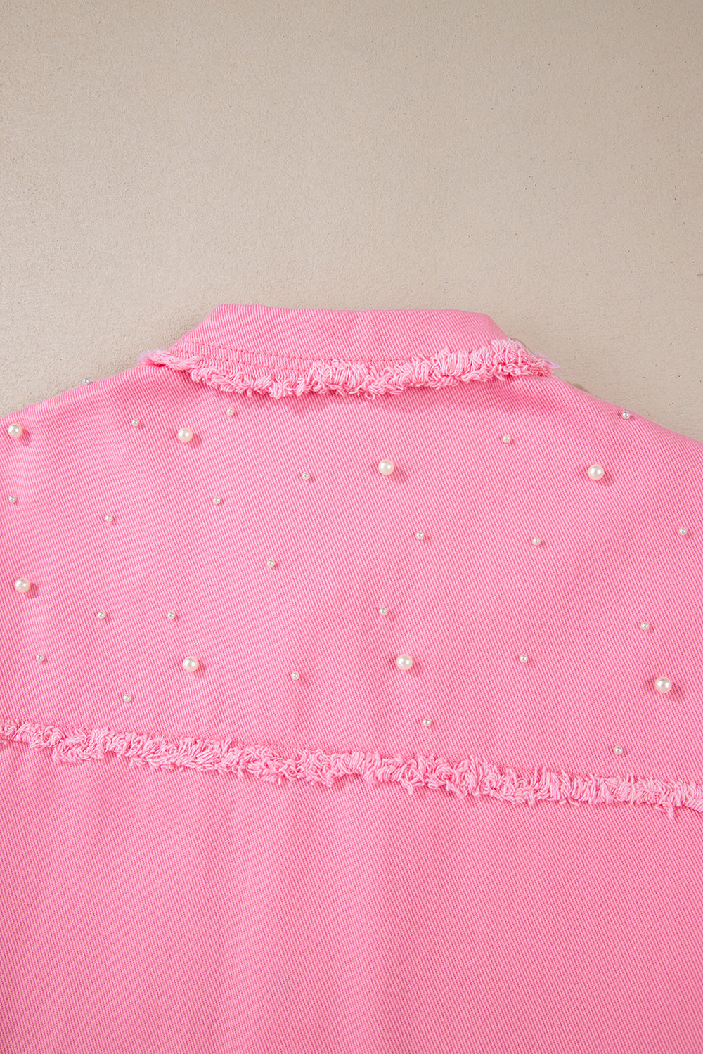 Bonbon Pearl Beaded Raw Hem Button Up Denim Jacket - Denim Jacket