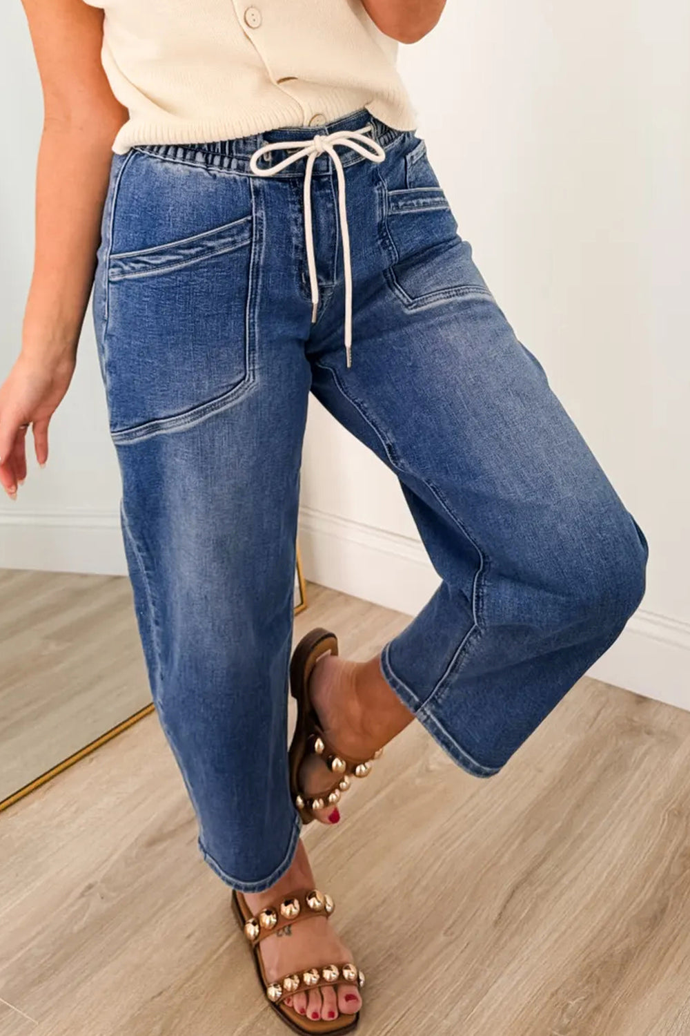 Ashleigh Blue Drawstring Waist Ankle Length Casual Jeans Regular Fit