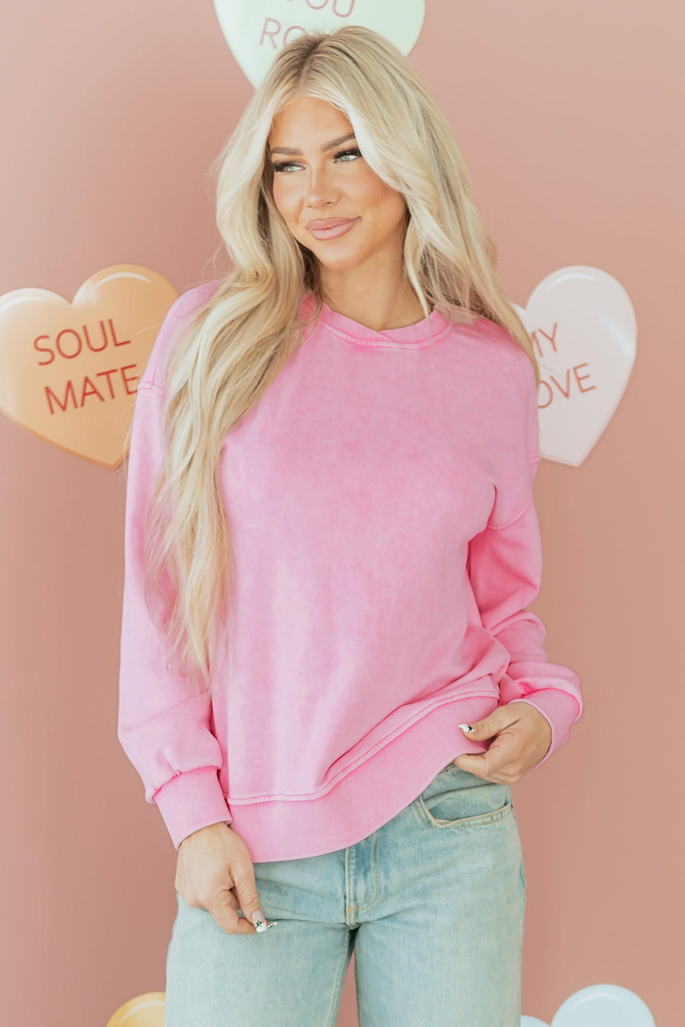 Bright Pink Mineral Wash Crossed Crew Neck Drop Shoulder Loose Swea...