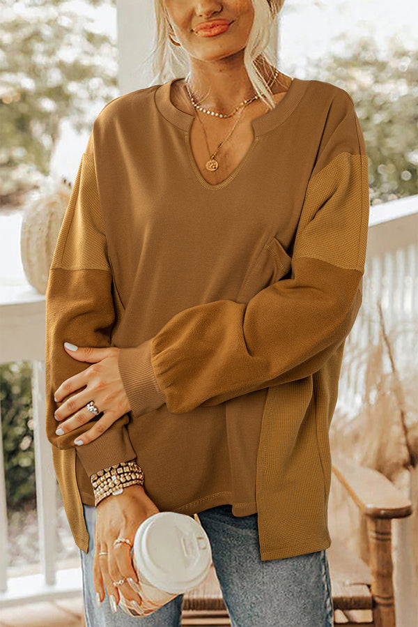 Multicolor Oversized Mixed Textured Split Neck High Low Patchwork Sweater