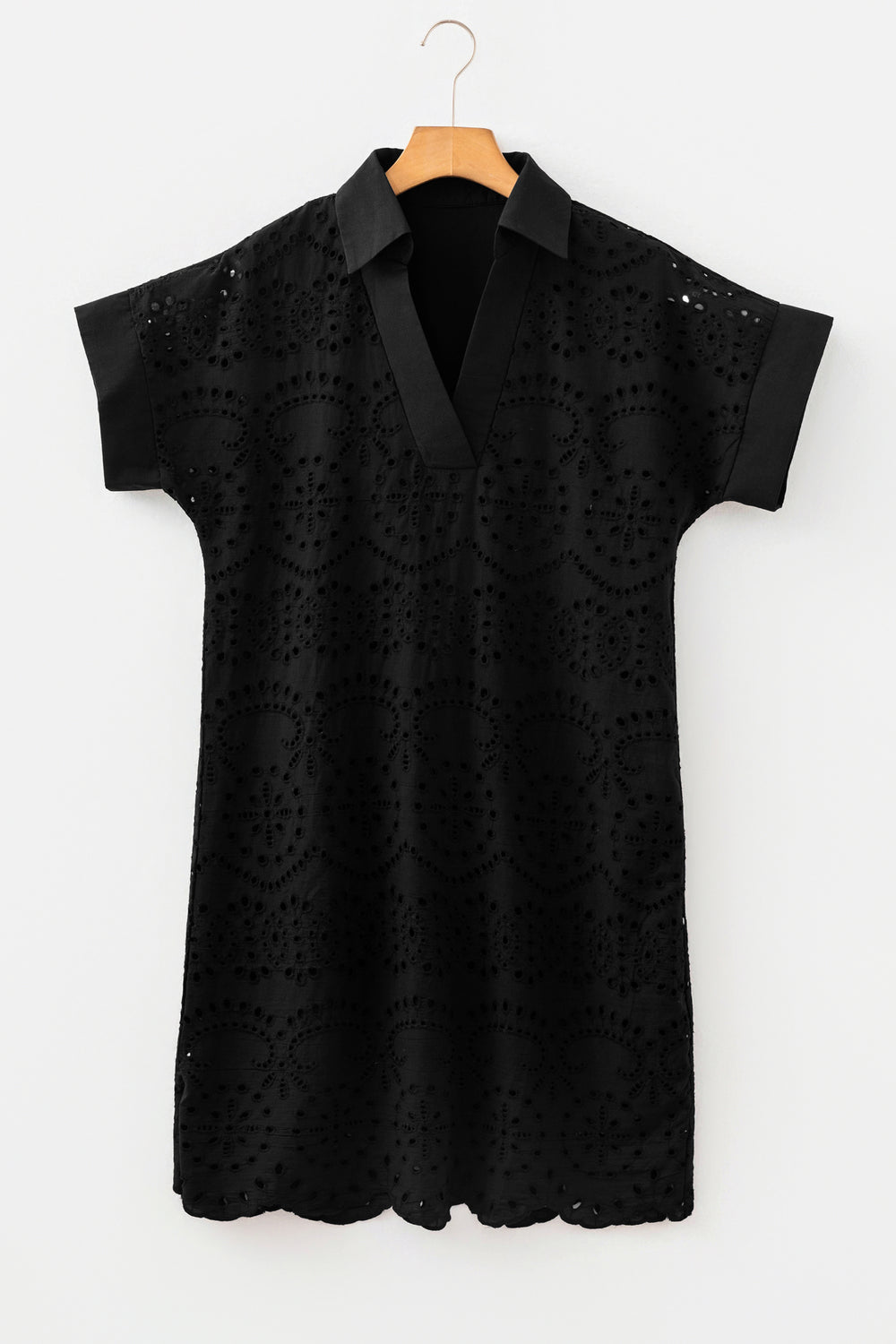White Solid Color Eyelet Embroidered T Shirt Mini Dress
