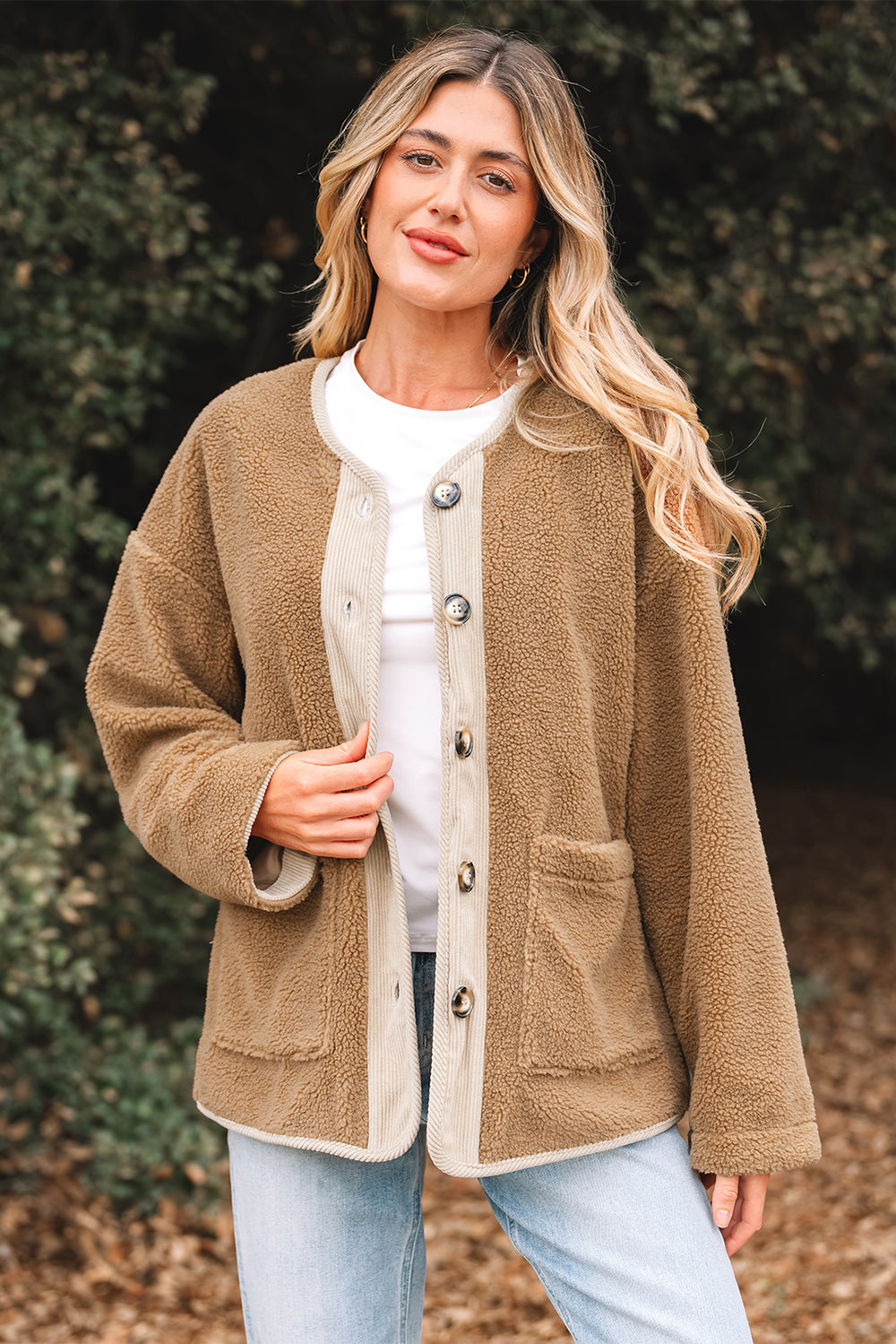 Light French Beige Puffy Plush Corduroy Edge Patchwork Jacket with ...