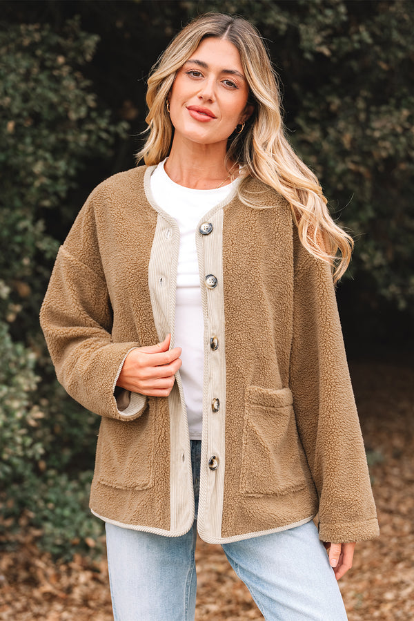 Light French Beige Puffy Plush Corduroy Edge Patchwork Jacket with ...