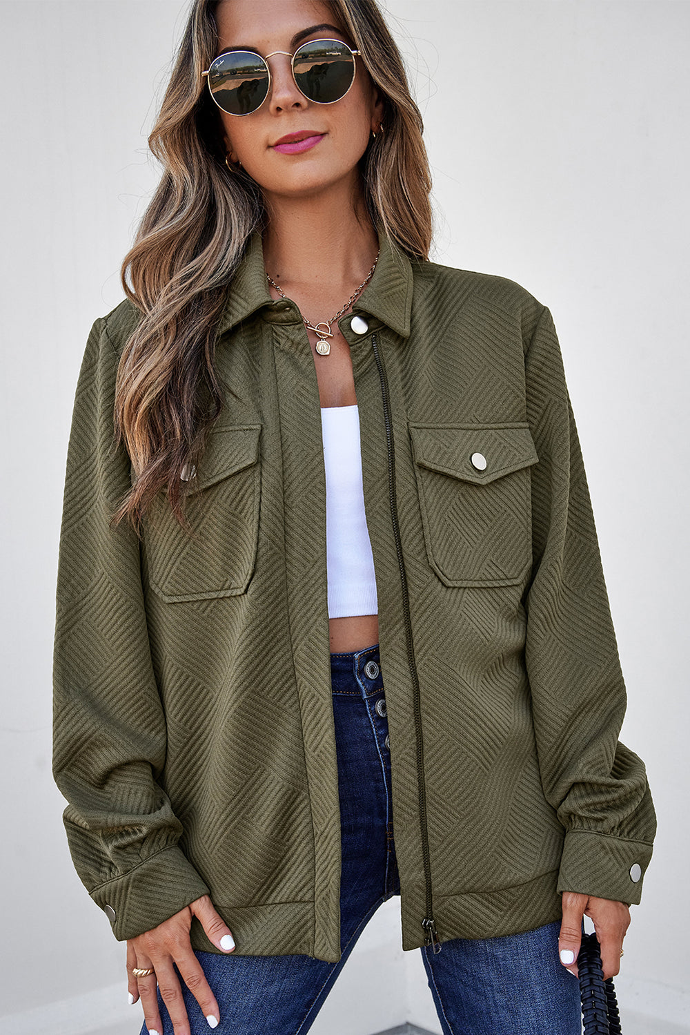 Blackish Green Solid Color Zip Up Button Flap Pocket Shirt Collar J...