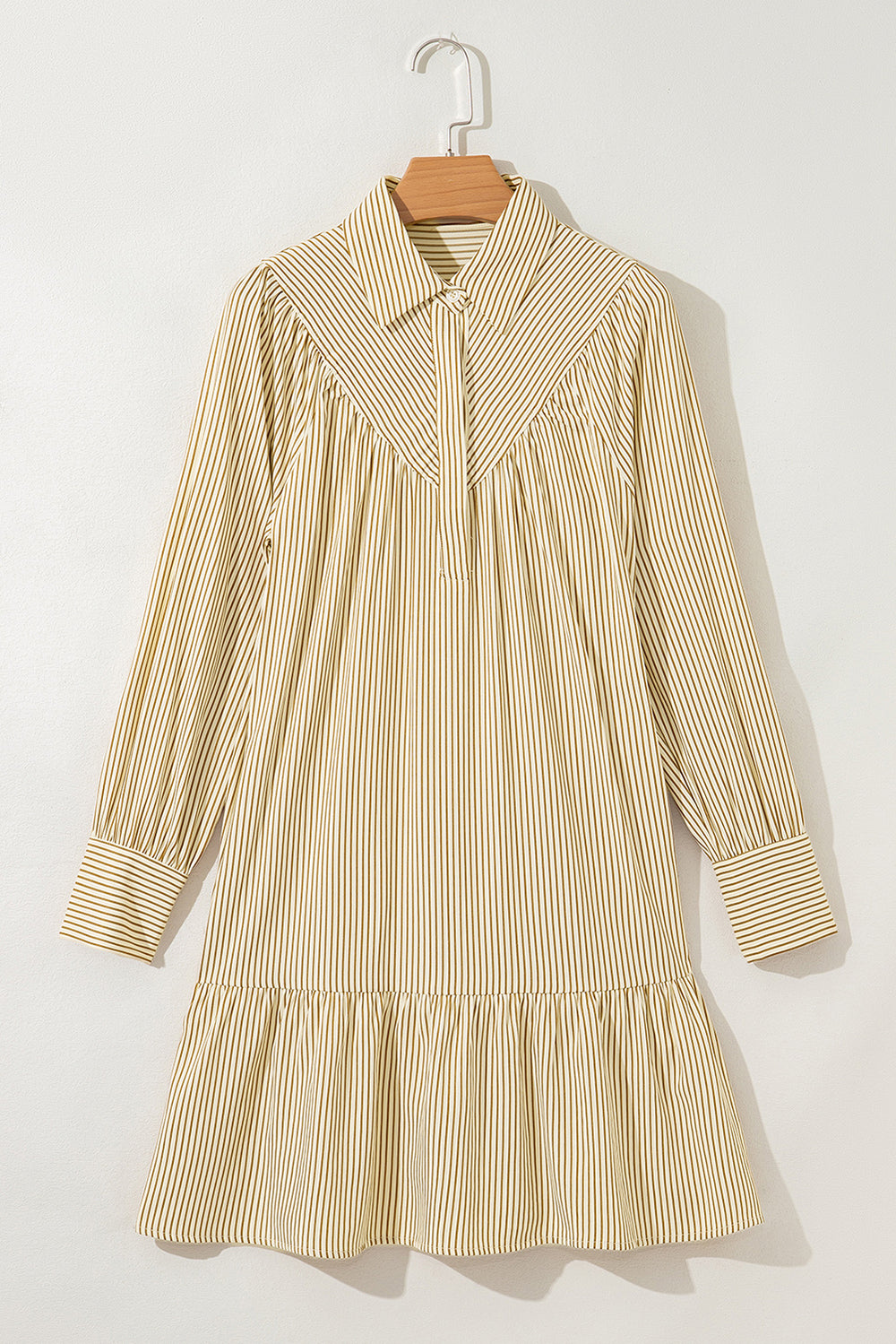 Brown Stripe Collared Neck Cuffed Long Sleeve Drop Waist Mini Dress