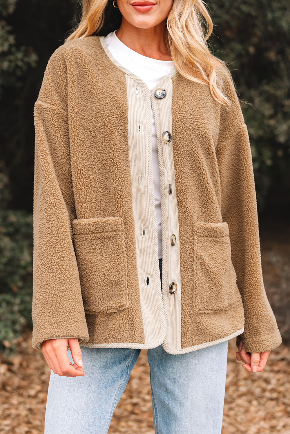 Light French Beige Puffy Plush Corduroy Edge Patchwork Jacket with ...