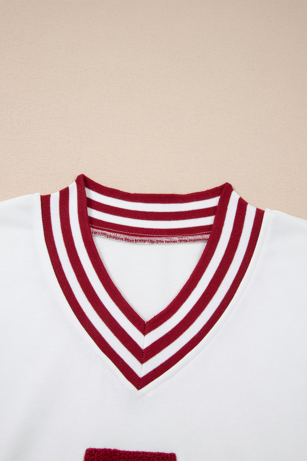 Red Dahlia Chenille Letter A Graphic Varsity Striped V Neck Puff Sl...