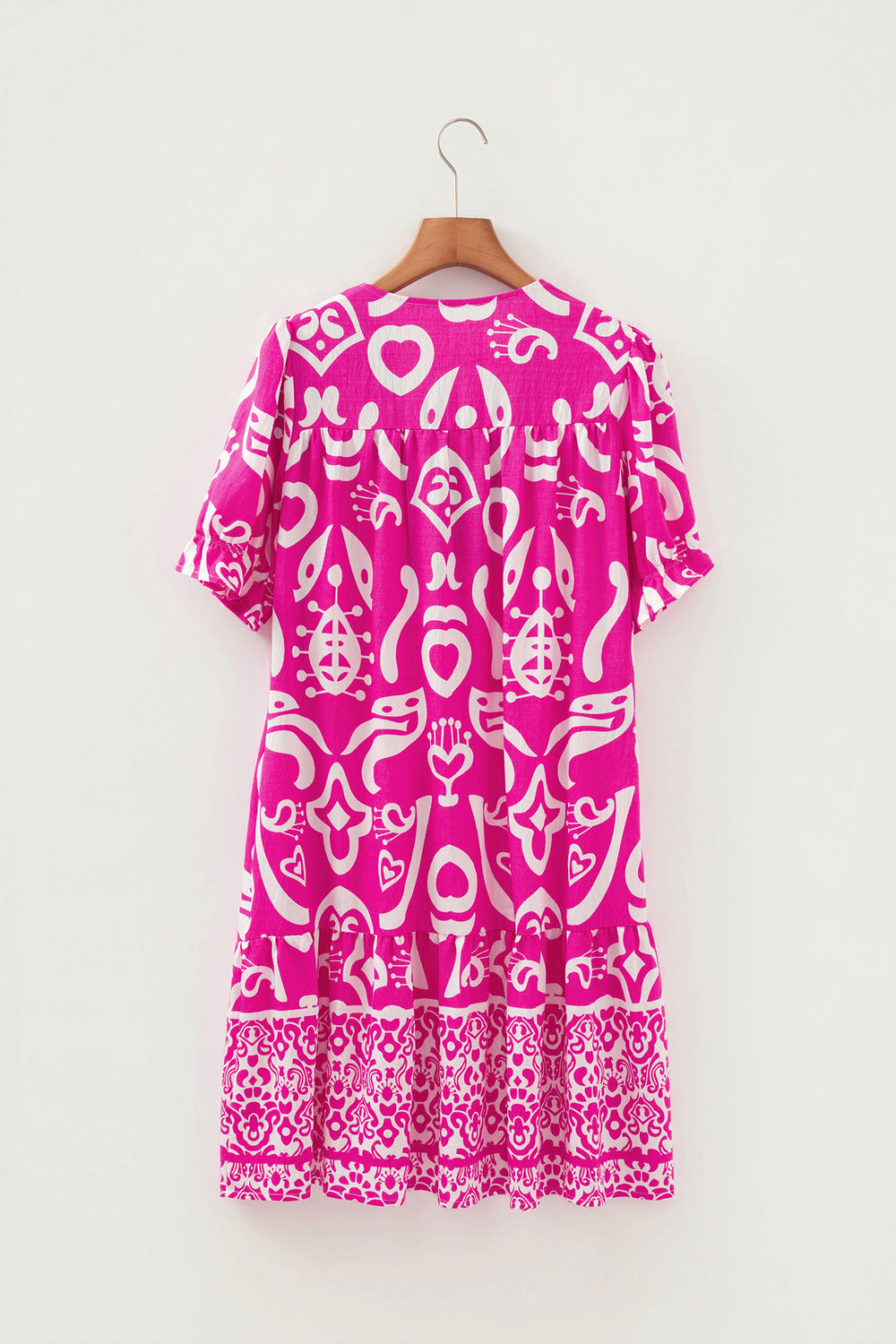 Rose Boho Mixed Print Contrast Trim V Neck Short Sleeve Flared Dress