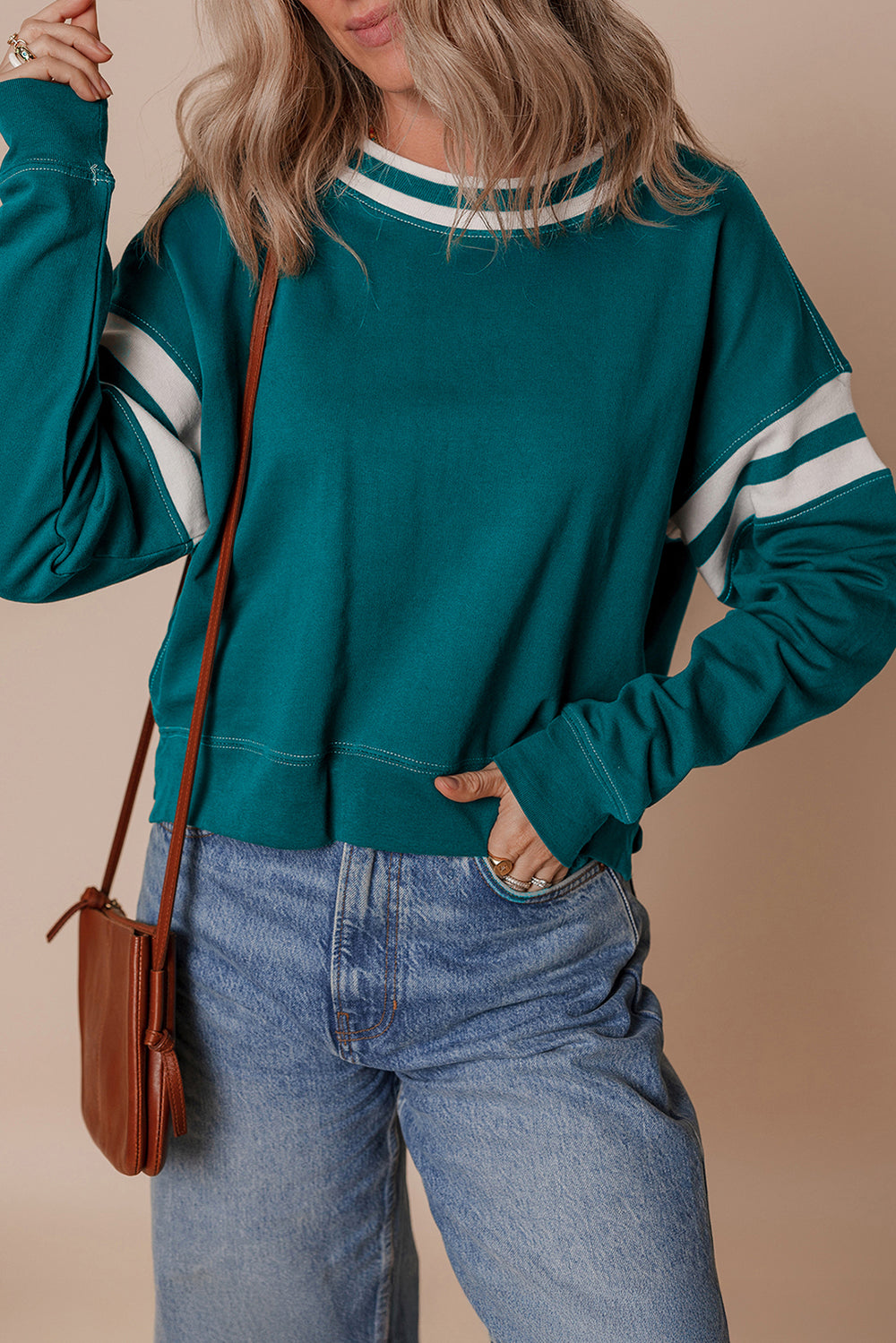 Blackish Green Contrast Striped Patchwork Round Neck Drop Shoulder ...