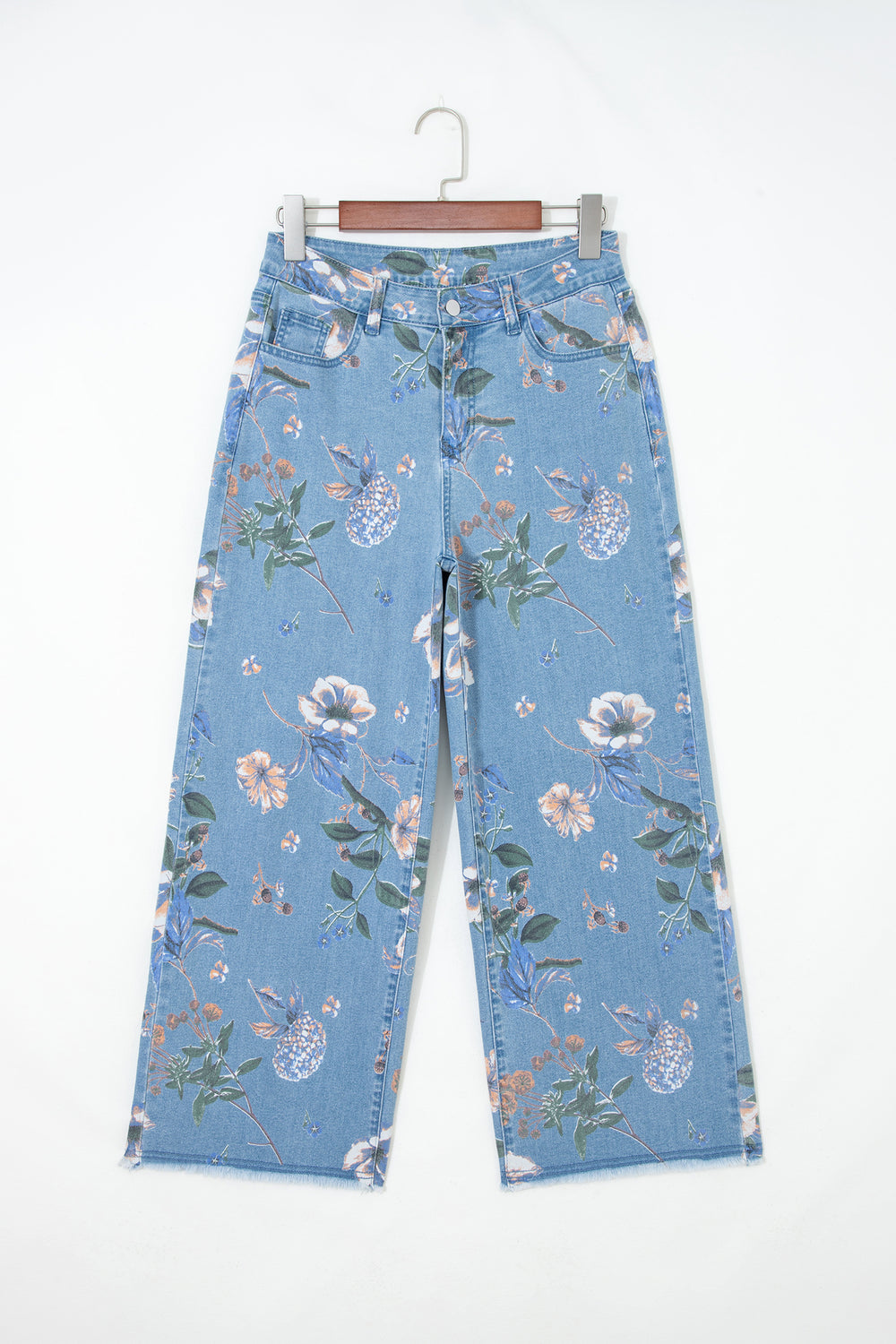 Sky Blue Retro Floral Print Frayed Hem Shift Jeans