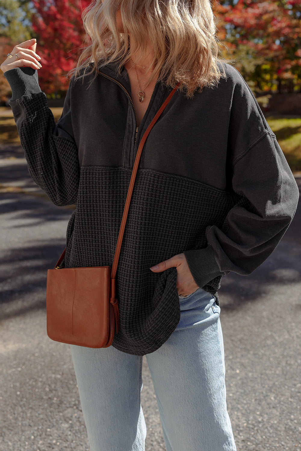 Carbon Grey Waffle Knit Patchwork Half Zipped Casual Sweatshirt