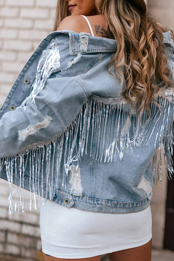 Sky Blue Sequin Embellished Fringe Distressed Denim Jacket - Denim ...