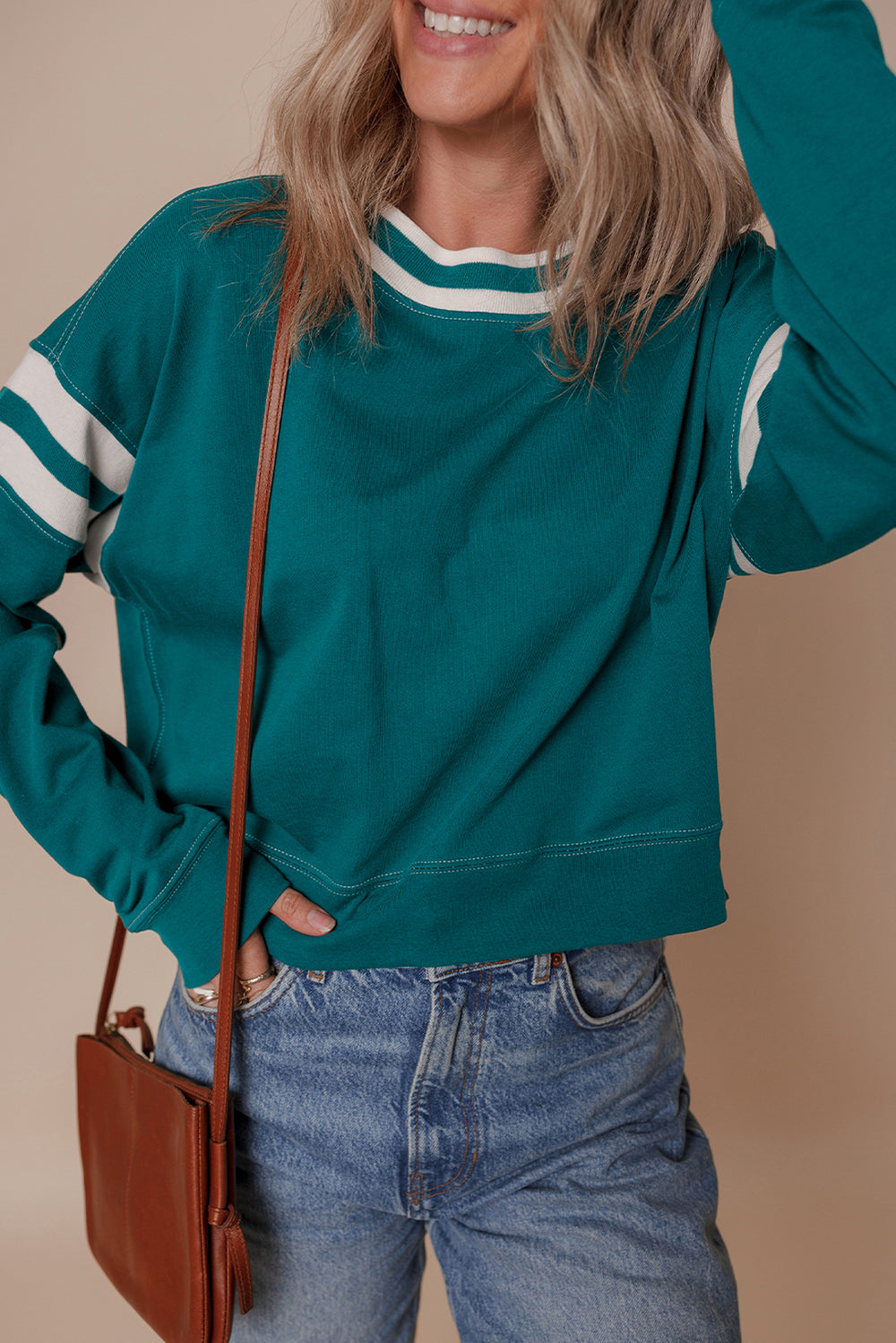Blackish Green Contrast Striped Patchwork Round Neck Drop Shoulder ...