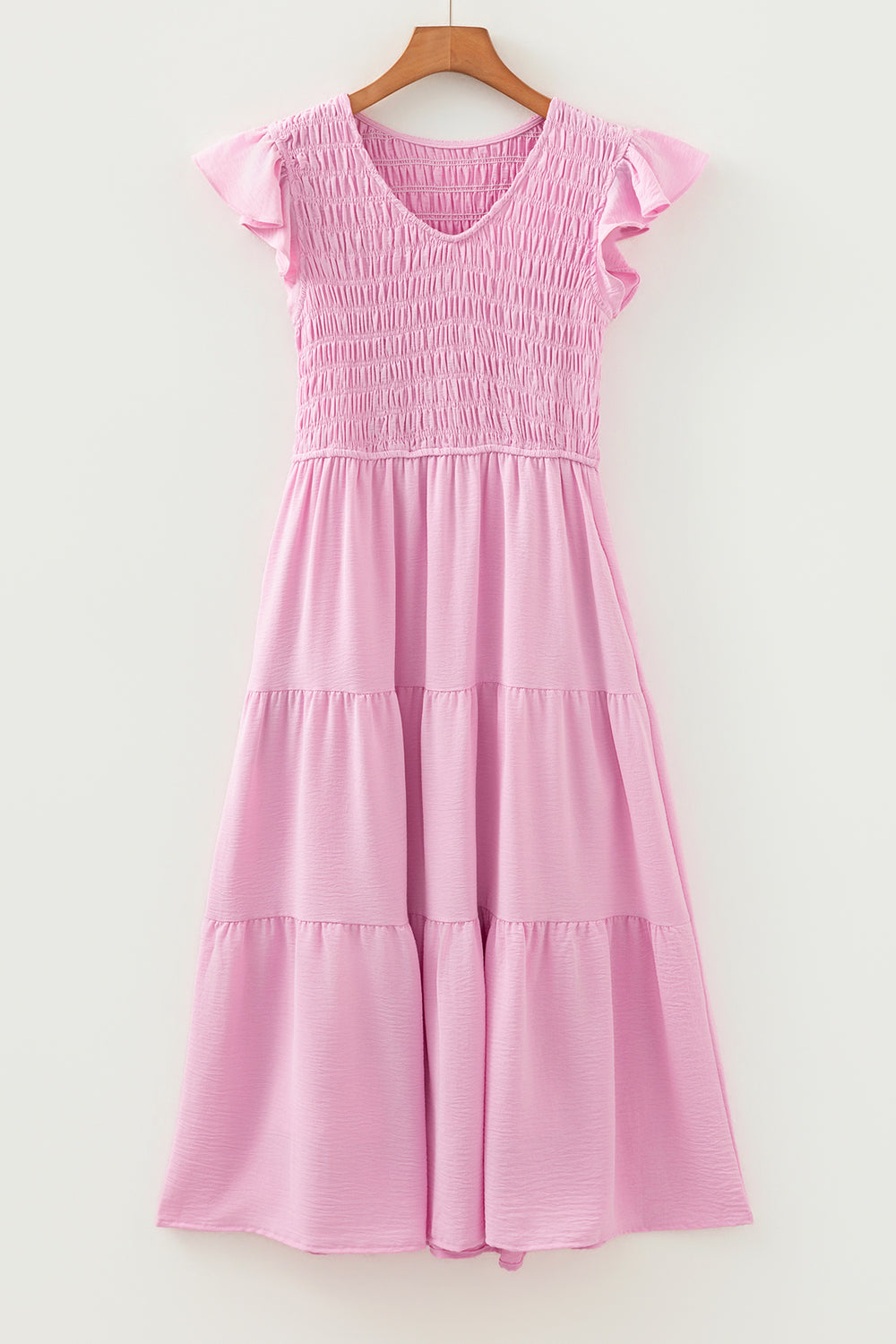 Pink Smocked Bodice Flutter Sleeve Fit Flare Tiered Midi Dress