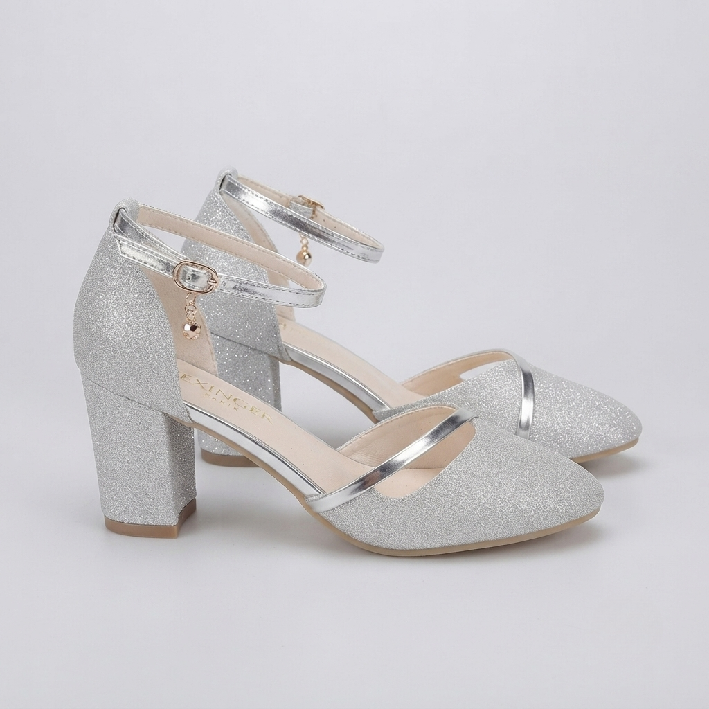 Ava Silver Glitter Block-Heel Sandals