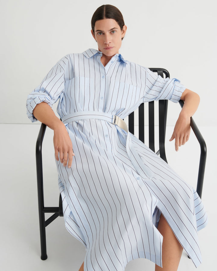 Elementary Belted Boxy Shirt Dress – Cloud Stripe