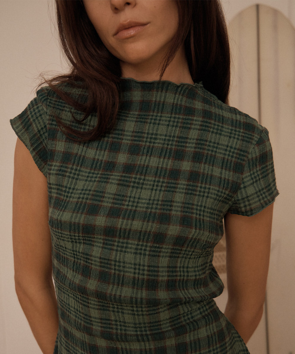 Womens Seersucker Mini Dress Elodie - Lonnie Hunter Green - AFENDS