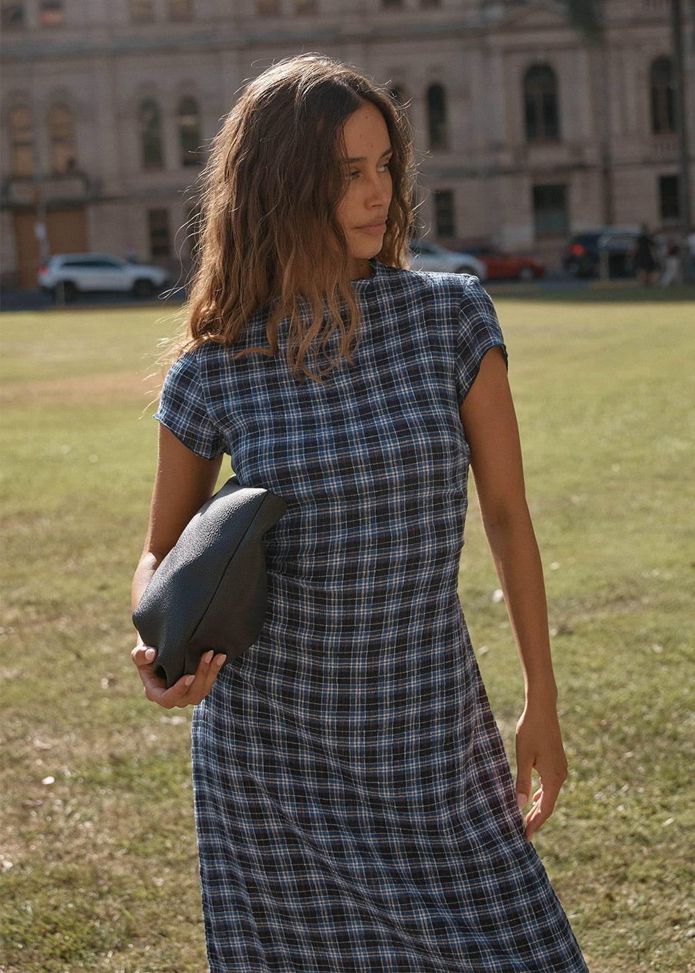 Womens Seersucker Midi Dress Elodie - Mountains Navy Red Check - AFENDS