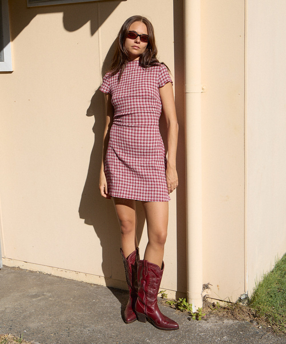 Womens Seersucker Mini Dress Elodie - Base Burgundy Check - AFENDS