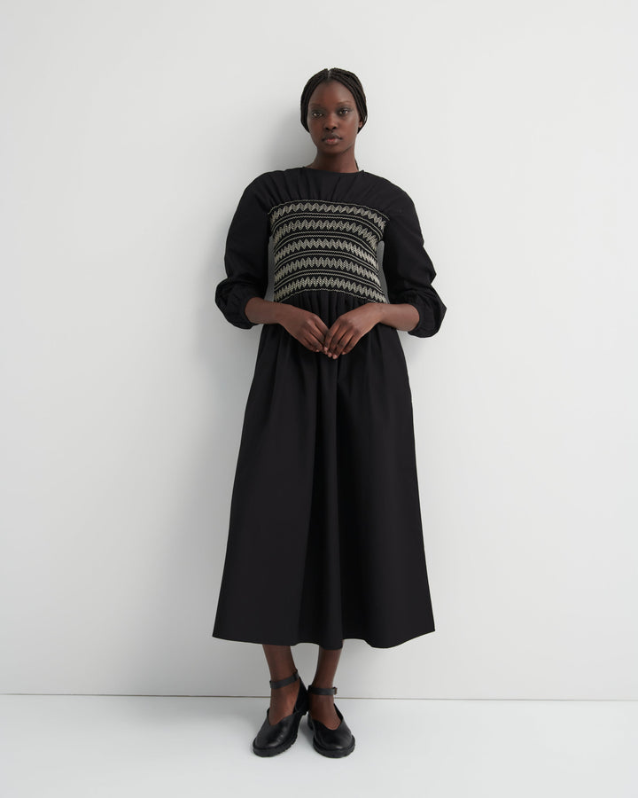 Etched Shirred Contrast-Stitch Dress – Black