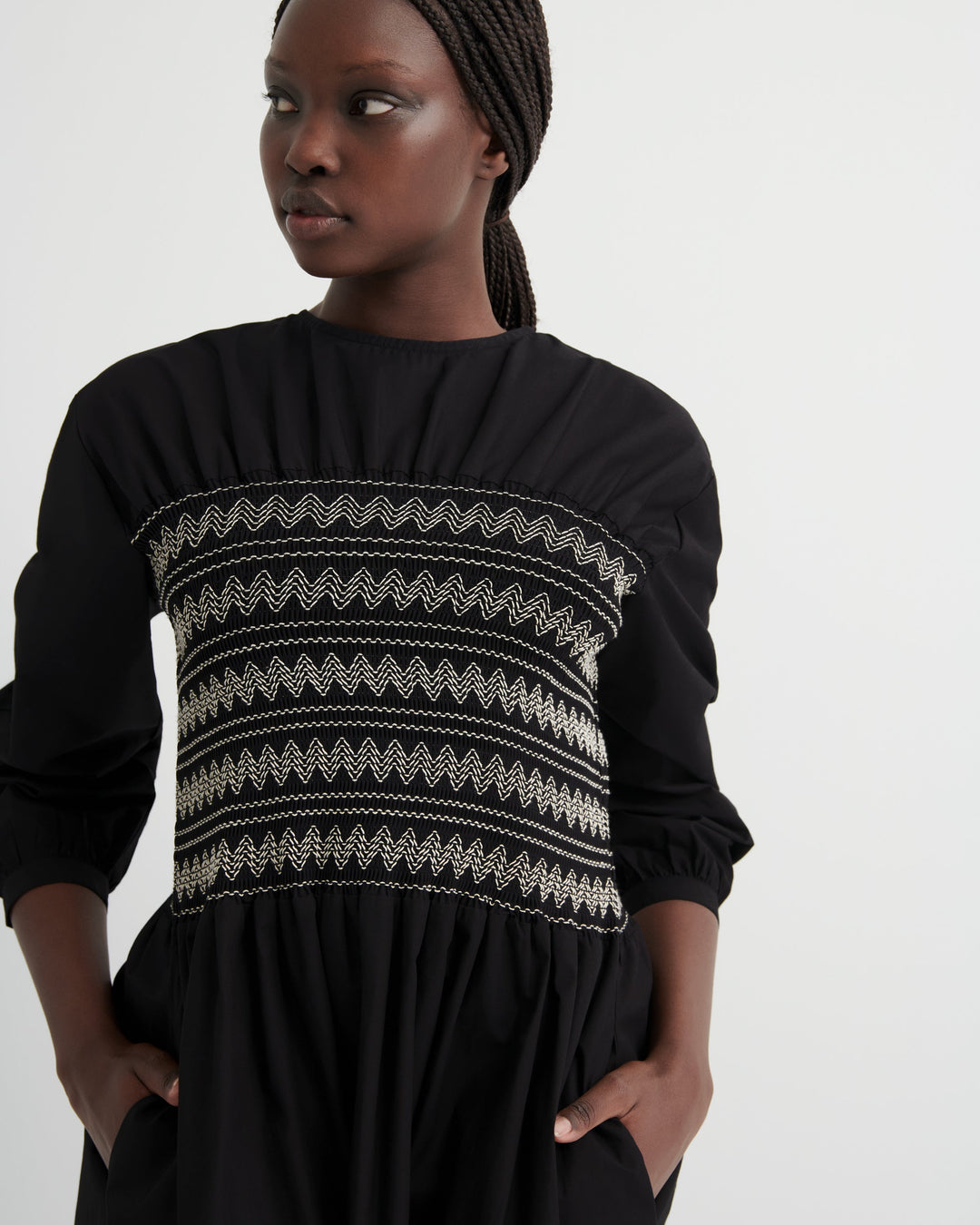 Etched Shirred Contrast-Stitch Dress – Black
