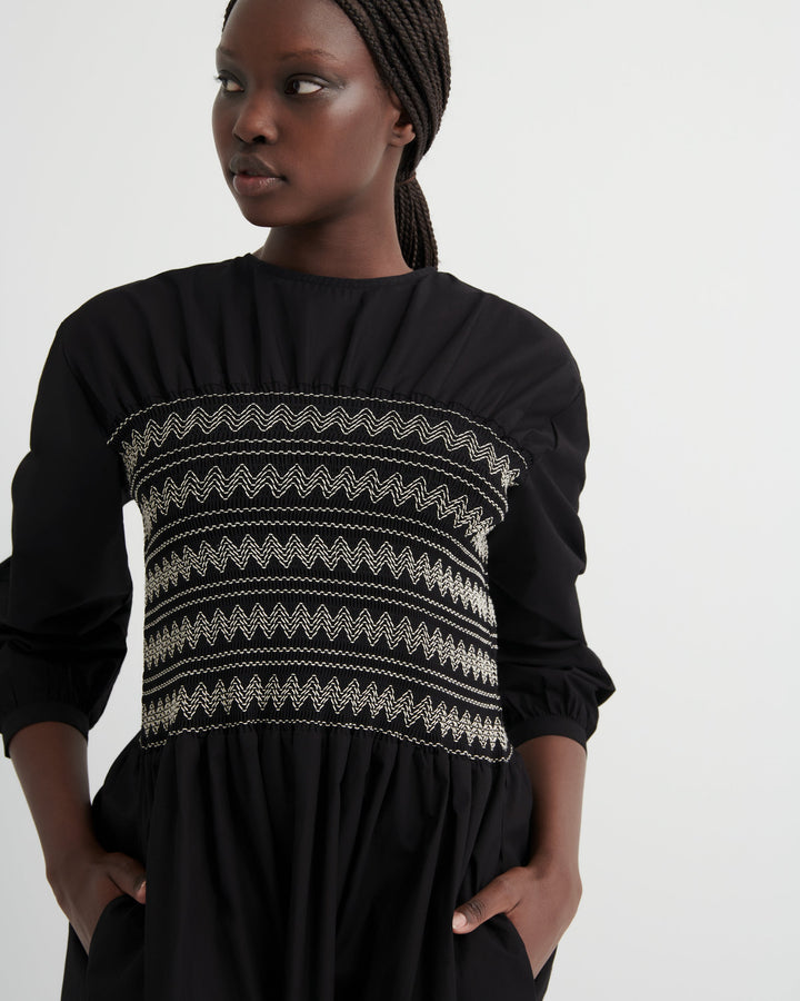 Etched Shirred Contrast-Stitch Dress – Black