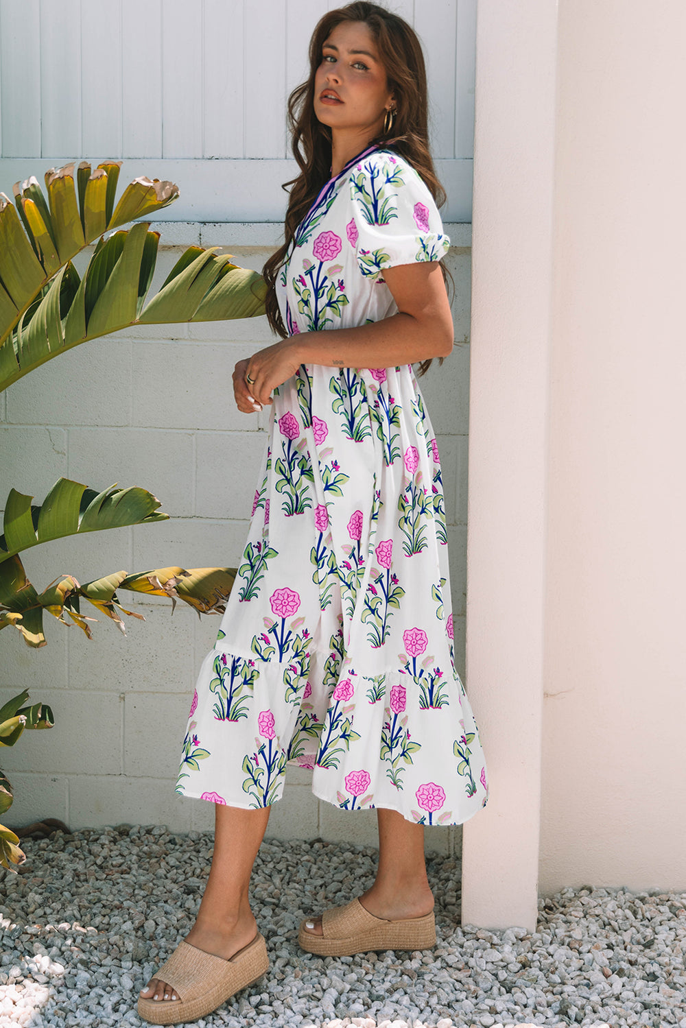 Blue Floral Puff Short Sleeve V Neck High Waist Maxi Dress
