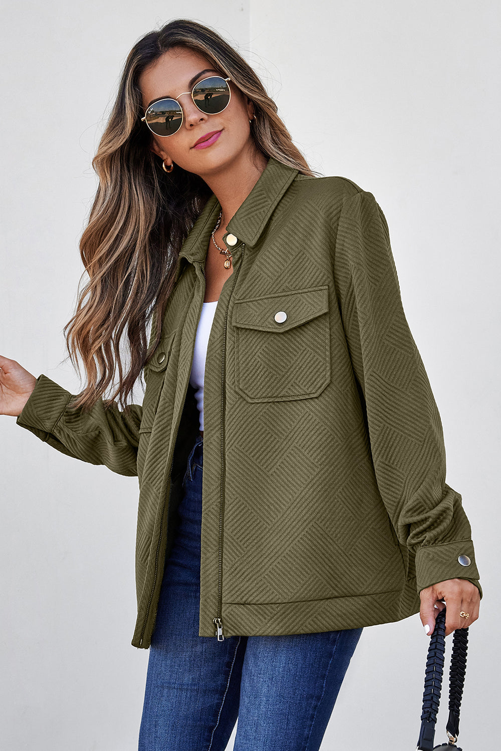 Blackish Green Solid Color Zip Up Button Flap Pocket Shirt Collar J...