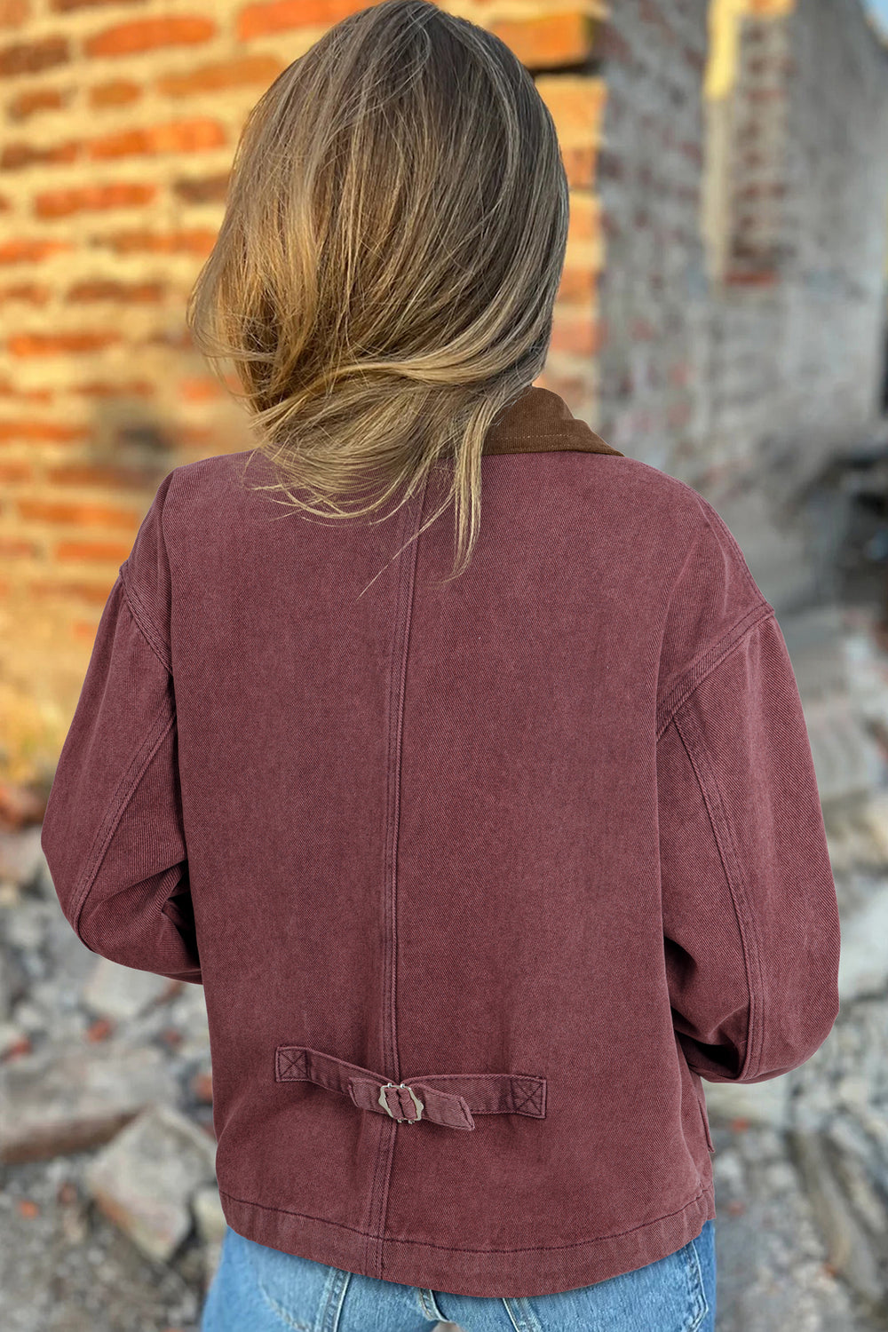 Coffee Corduroy Collar Zipped Front Denim Jacket - Denim Jacket