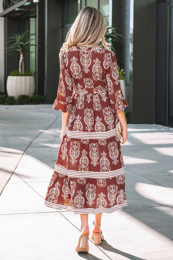 Brown Floral Print Belted Striped Trim Tiered Maxi Dress