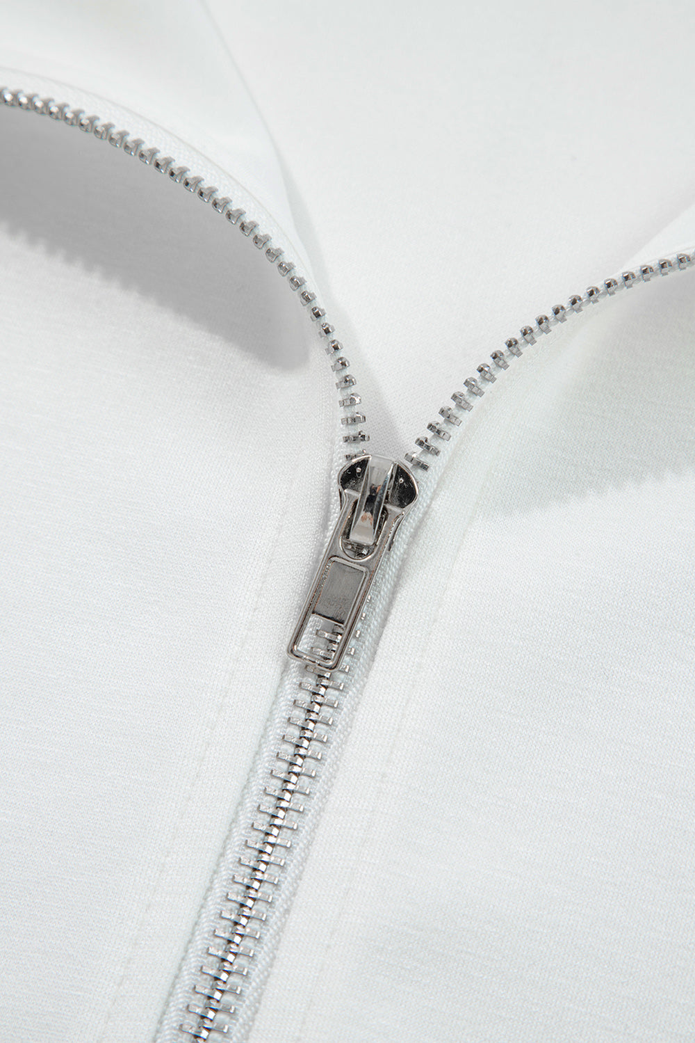 White Solid Color Zip Up Knit Puff Sleeve Jacket