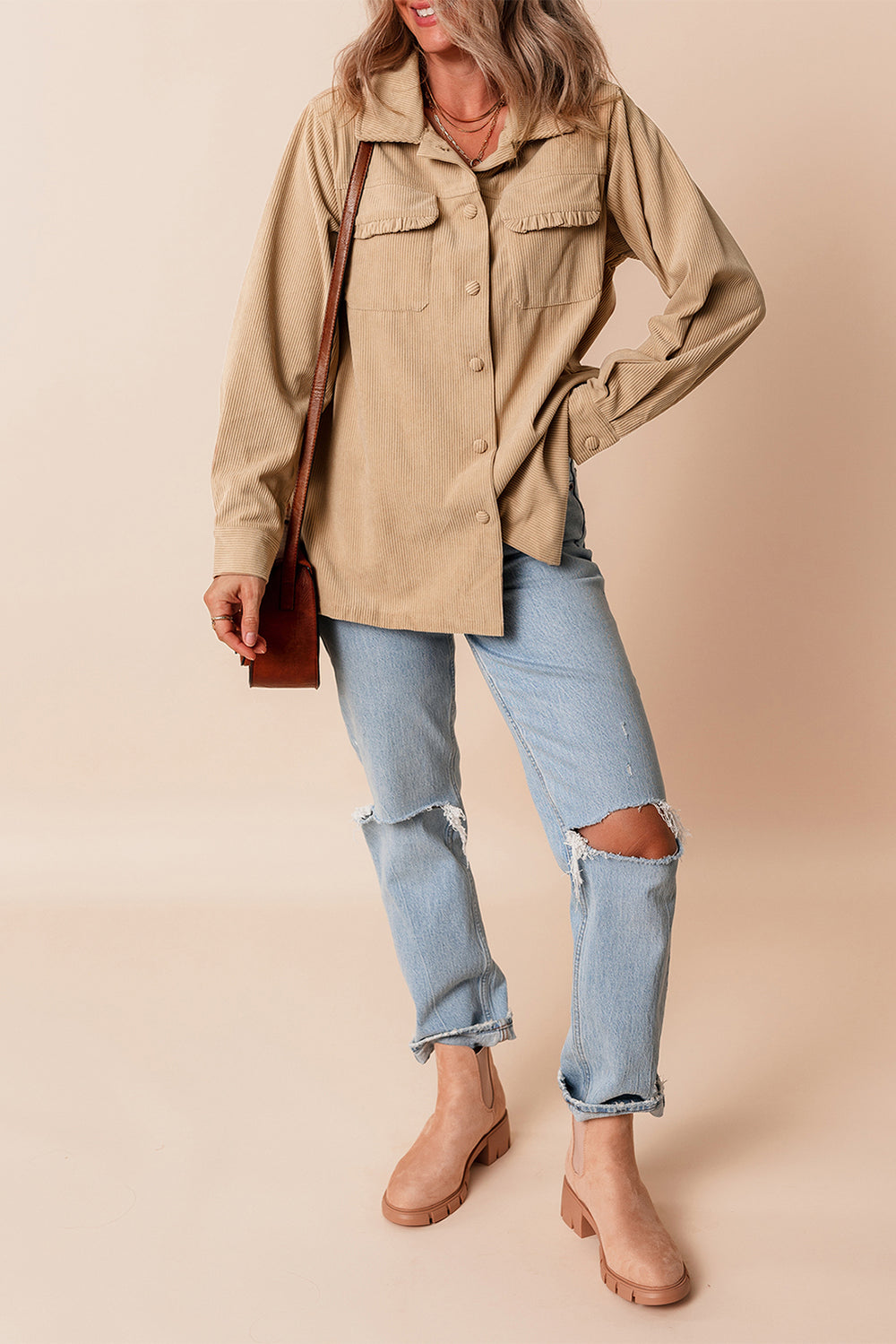 Light French Beige Solid Frilled Flap Pocket Button Up Corduroy Sha...