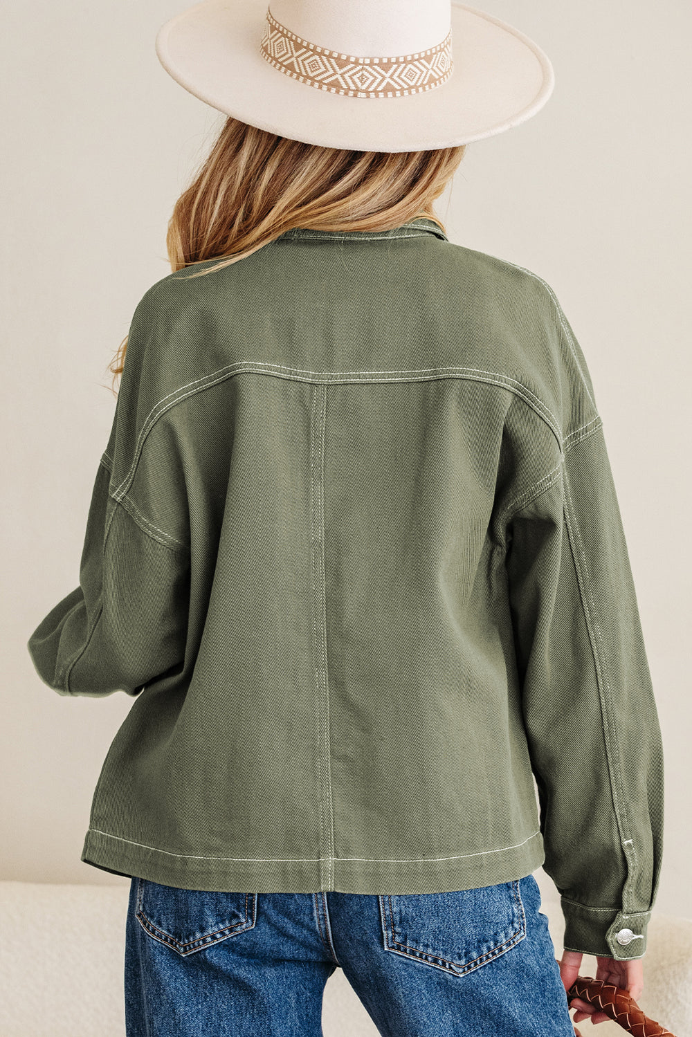 Smoke Green Patched Pocket Collared Button Front Boyfriend Denim Jacket