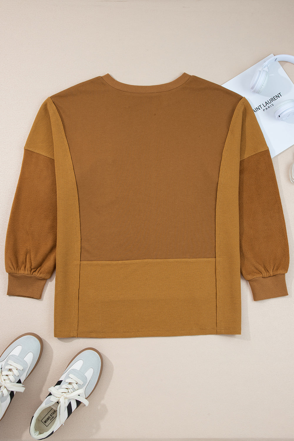 Multicolor Oversized Mixed Textured Split Neck High Low Patchwork Sweater
