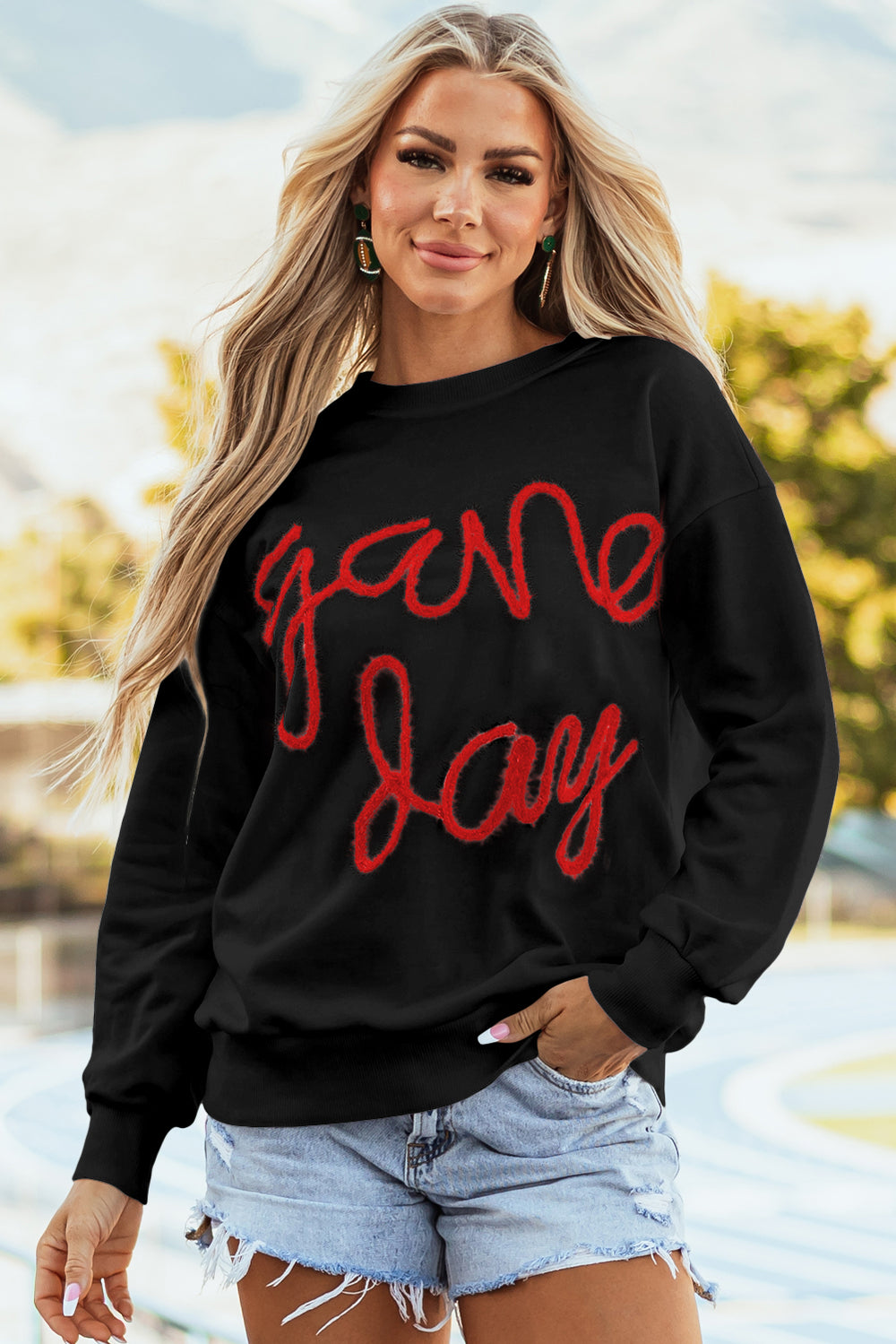 Dark Blue Tinsel Game Day Drop Shoulder Graphic Sweatshirt