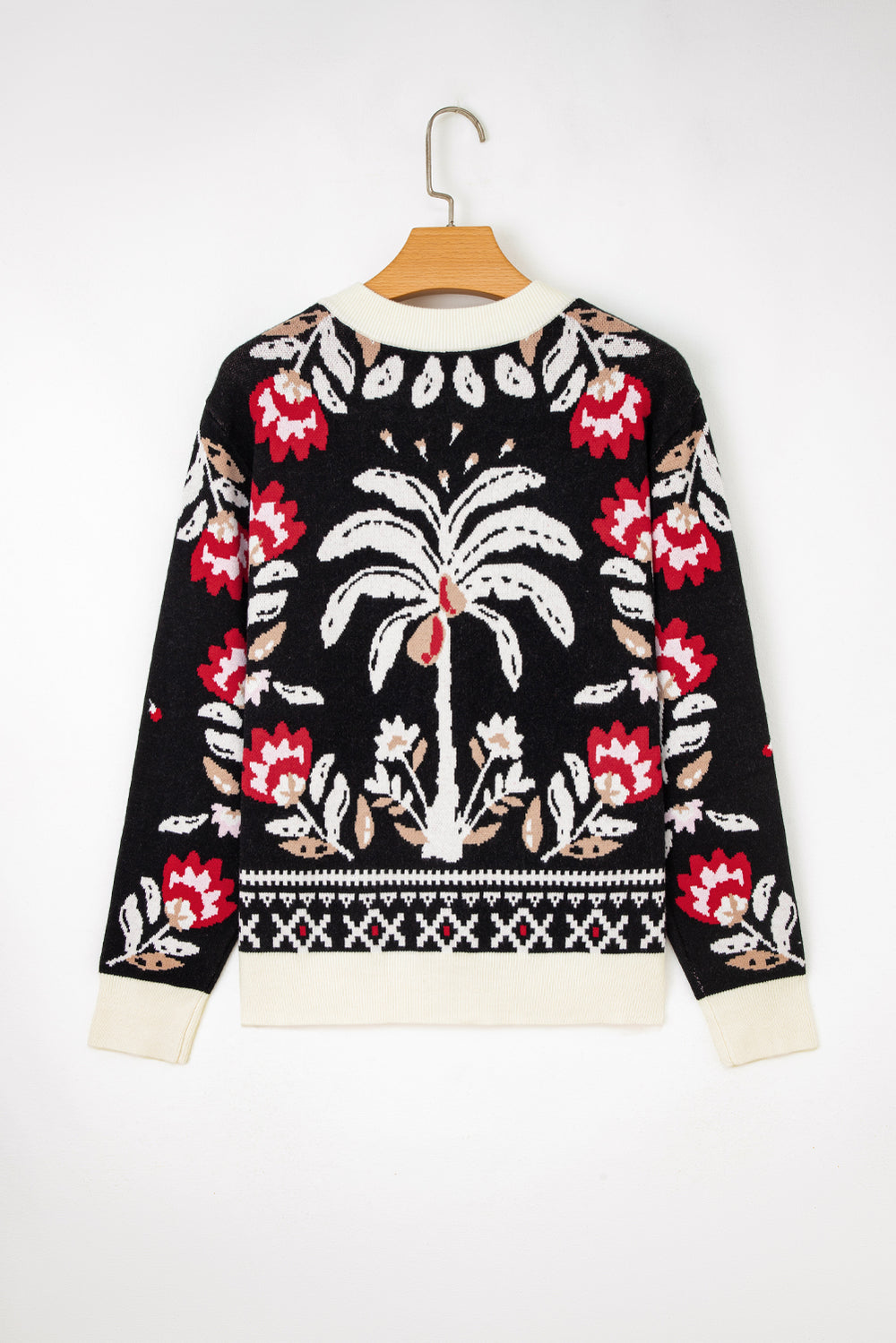 Beige Floral Print Buttoned Front V Neck Knit Cardigan
