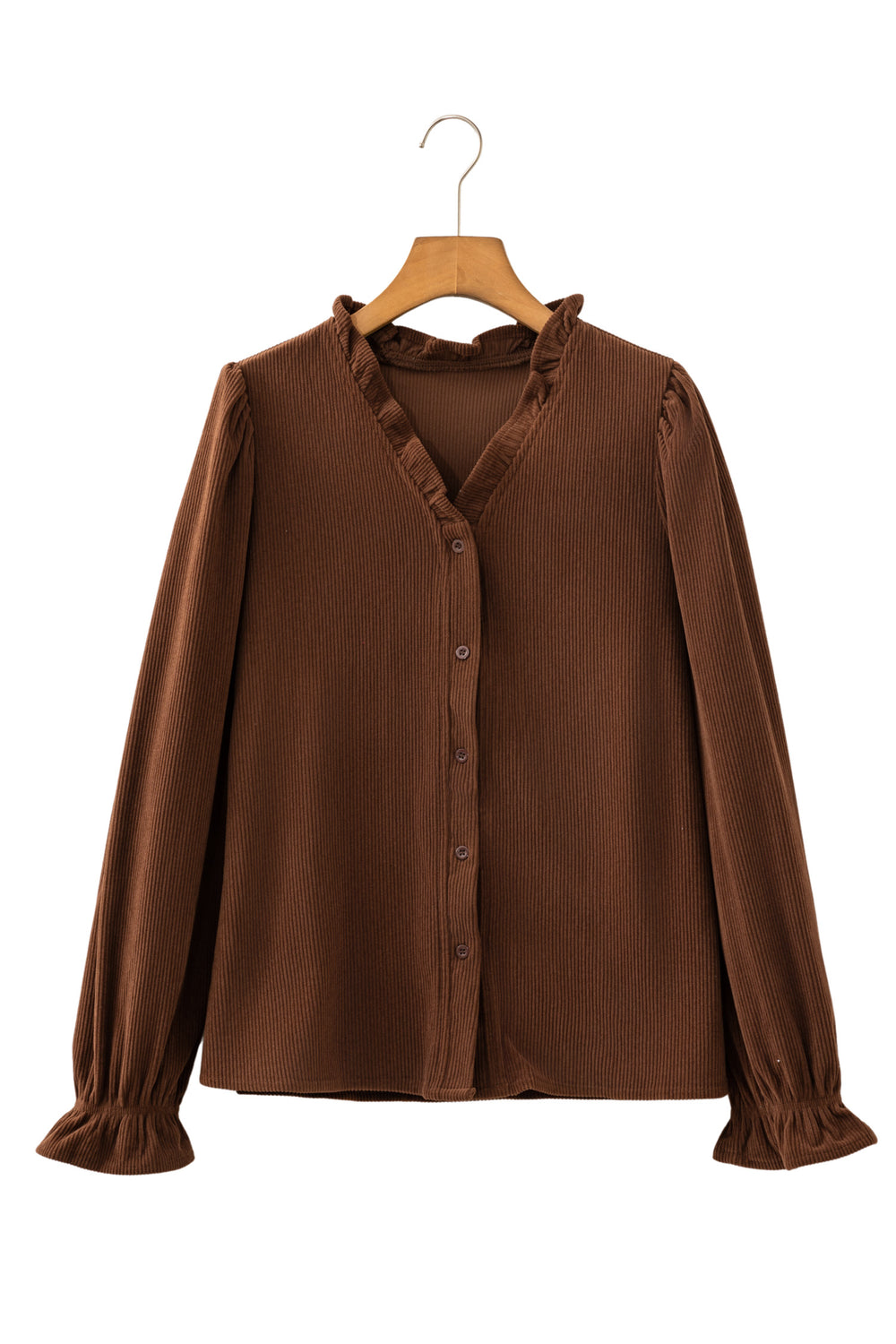 Coffee Solid Color Ruffle Trim V Neck Long Sleeve Button Corduroy S...