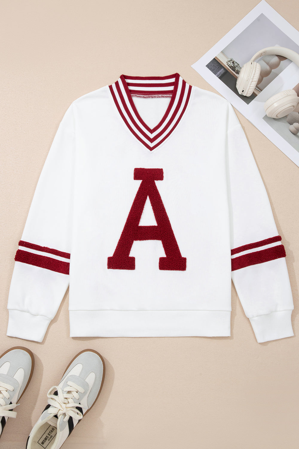 Red Dahlia Chenille Letter A Graphic Varsity Striped V Neck Puff Sl...