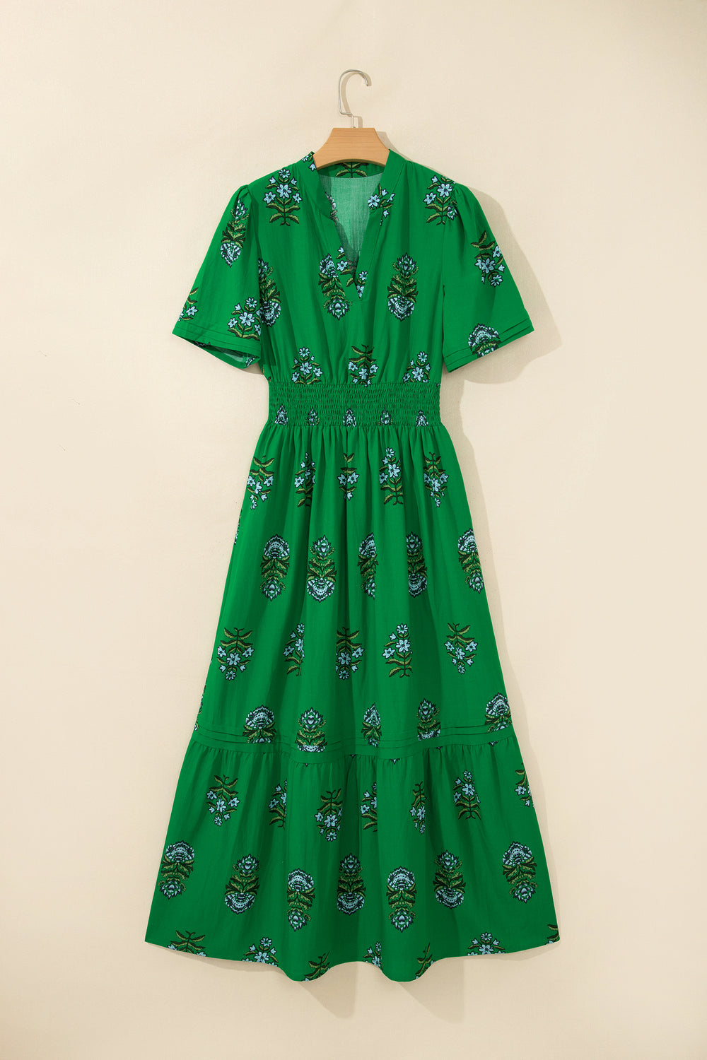 Green Floral Print Split Neck Shirred High Waist Ruffle Hem Maxi Dress