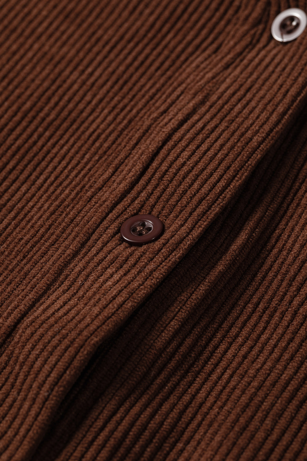 Coffee Solid Color Ruffle Trim V Neck Long Sleeve Button Corduroy S...