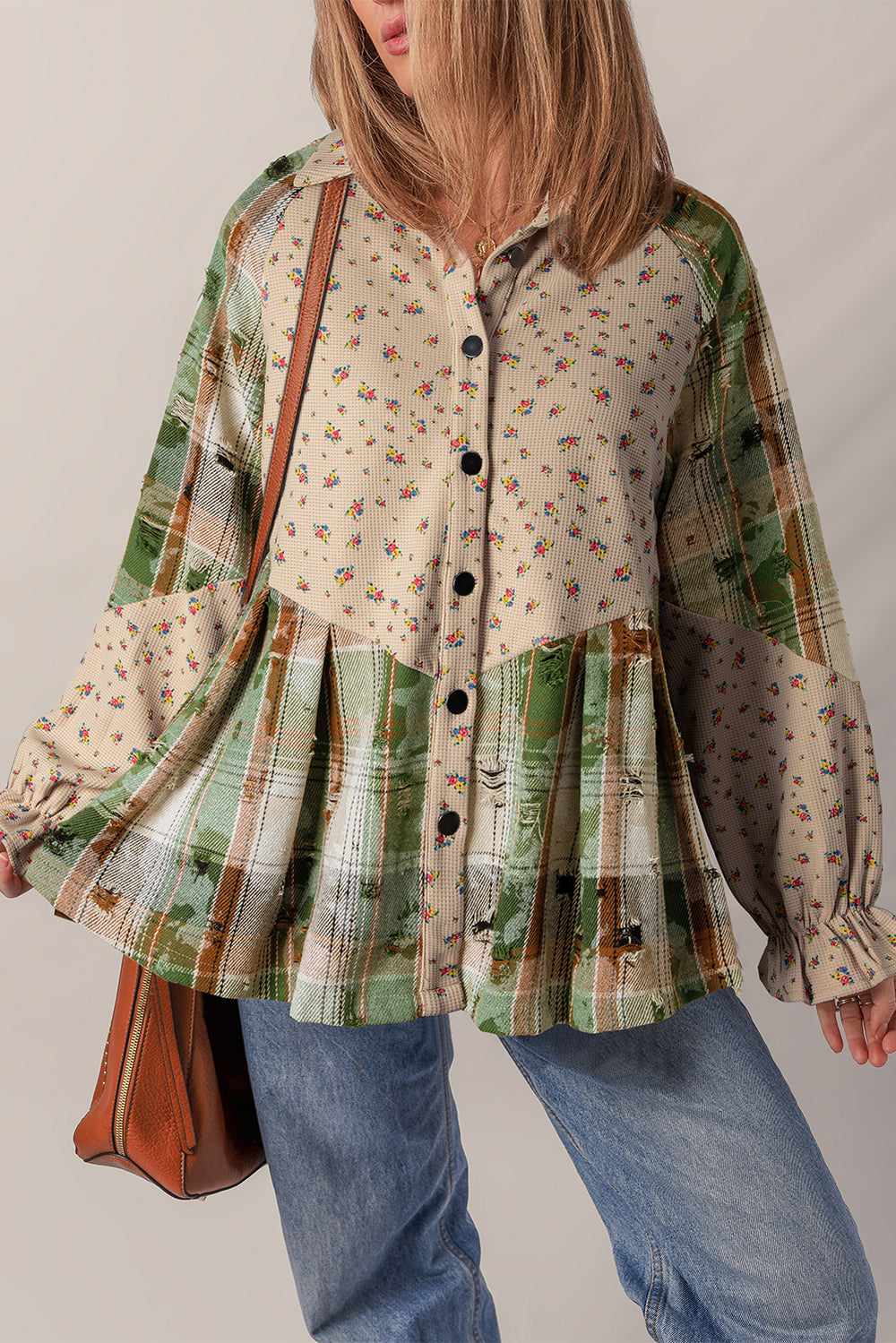 Oatmeal Boho Floral Plaid Patchwork Distressed Detail Ruffled Sleev...