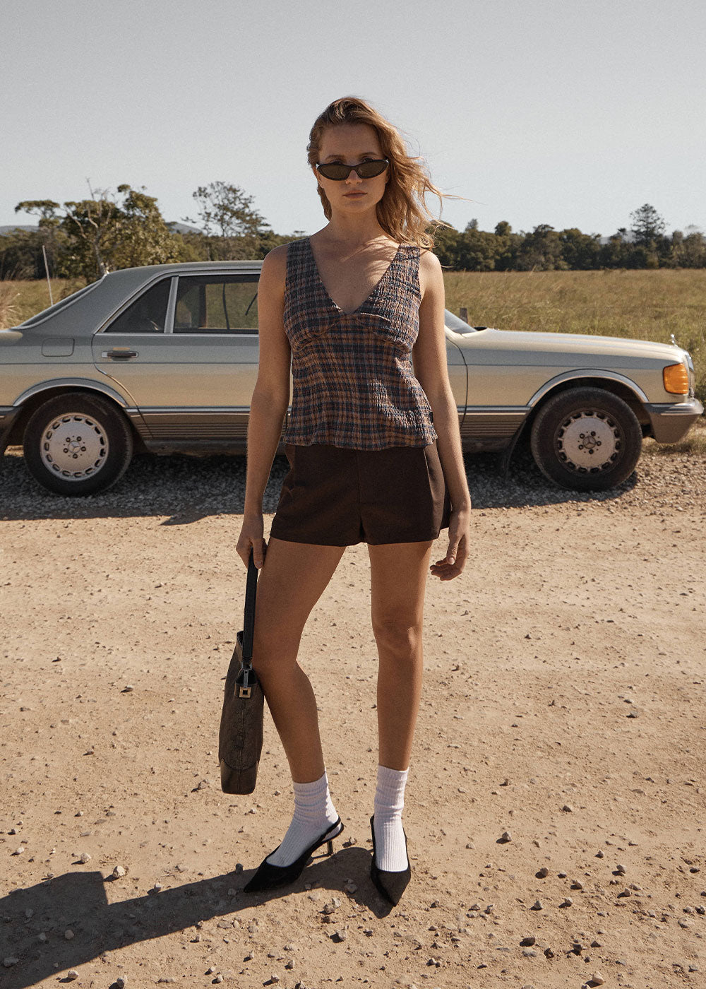 Womens Seersucker Top Giselle - Shev Indigo Check - AFENDS